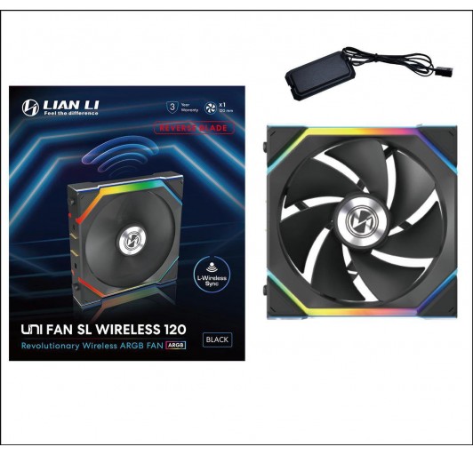 Lian Li UNI Fan SL-Wireless 120 -Single Pack (Reverse Blade) Performance-Oriented ARGB Fan WITHOUT Wireless Connector, Daisy-Chain Design, Customizable Lighting Effects, Low-Noise - Black (12RSL1W1B)