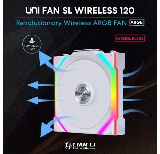 Lian Li UNI Fan SL - Wireless 120 - Triple Pack (Reverse Blade) ARGB Fan - 2.4 GHz Wireless Controller Included - Customizable Lighting Effects - Controller requesd for use - White (12RSL1W3W)