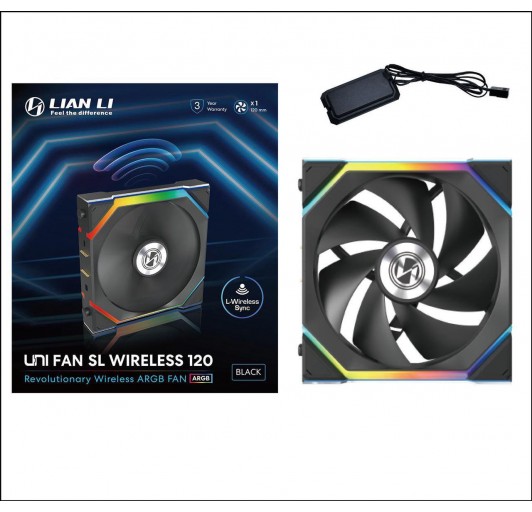 Lian Li UNI Fan SL-Wireless 120 - Single Pack, Performance-Oriented Fan ARGB Fan WITHOUT Wireless Connector, Daisy-Chain Design, Customizable Lighting Effects, Low-Noise - Black (12SL1W1B)
