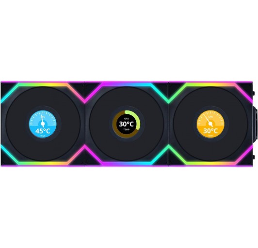 Lian Li UNI Fan SL-LCD Wireless 120 - Triple Pack - Performance ARGB Fan w/ 1.6 inch LCD Display, Wireless Connector, Daisy-Chain Design, Customizable Lighting Effects, 400x400 Res.-Black (12SLLCD1W3B)