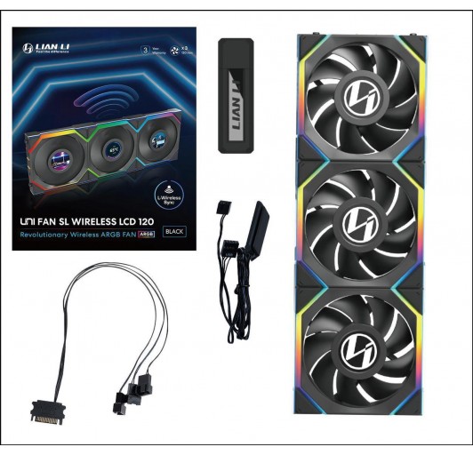 Lian Li UNI Fan SL-LCD Wireless 120 - Triple Pack - Performance ARGB Fan w/ 1.6 inch LCD Display, Wireless Connector, Daisy-Chain Design, Customizable Lighting Effects, 400x400 Res.-Black (12SLLCD1W3B)