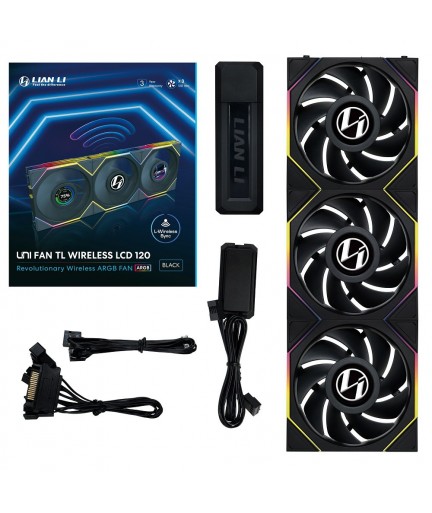 Lian Li UNI Fan TL LCD 120 Wireless - Seamless Wireless Control Fan w/ LCD Screen - LCP Fan Blade - Daisy-Chained Style - Customizable RGB LEDs - Triple Pack With Controller - Black (12TLLCD1W3B)