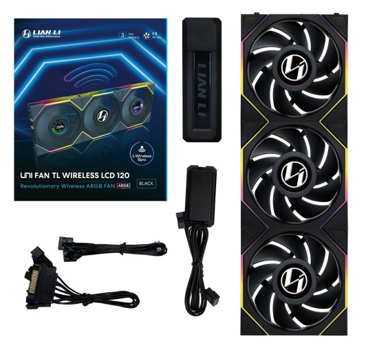 Lian Li UNI Fan TL LCD 120 Wireless - Seamless Wireless Control Fan w/ LCD Screen - LCP Fan Blade - Daisy-Chained Style - Customizable RGB LEDs - Triple Pack With Controller - Black (12TLLCD1W3B)