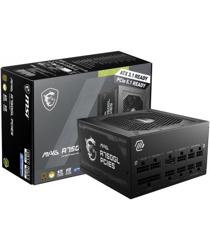 MSI 750w  MAG A750GL PCIE5, 80+ GOLD Fully Modular Gaming PSU, 12V-2x6 Cable, ATX 3.1 & PCIE 5.1 Ready, 750W 