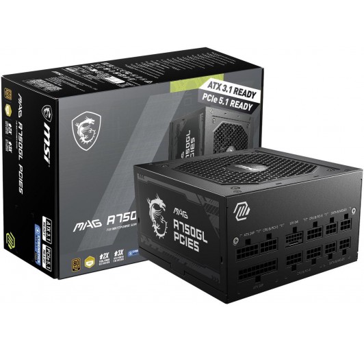 MSI 750w  MAG A750GL PCIE5, 80+ GOLD Fully Modular Gaming PSU, 12V-2x6 Cable, ATX 3.1 & PCIE 5.1 Ready, 750W 